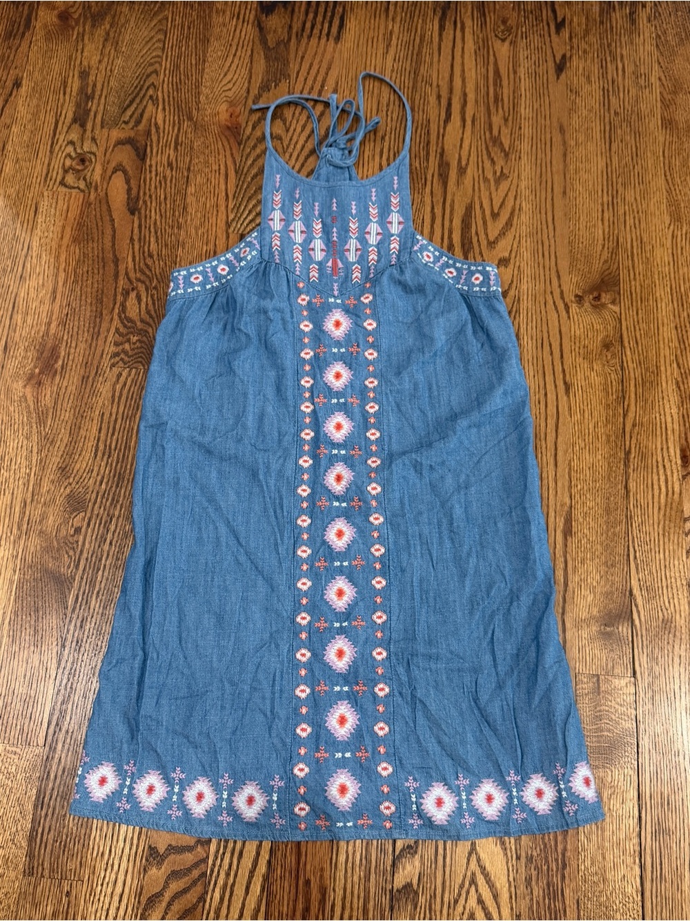 Hollister Embroidered Aztec Chambray Denim Sundress Halter Tie Back Size XS